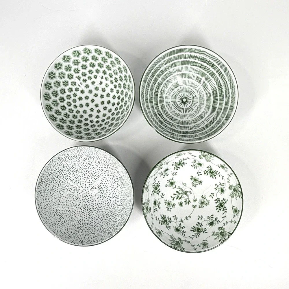 IKEA Entusiasm Mixed Pattern Green Bowls Set of 4 Floral Dot Stripe Soup Cereal